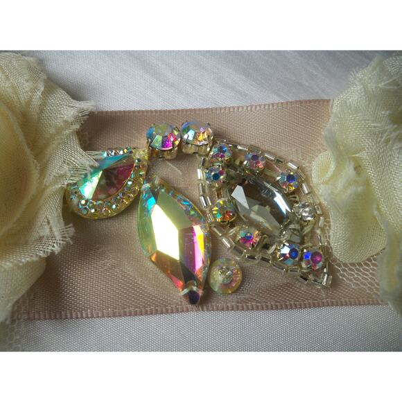 Blush AB Rhinestone Flower Appliqued Floral Bridal MOB Prom Party Formal Belt - Picture 2 of 5